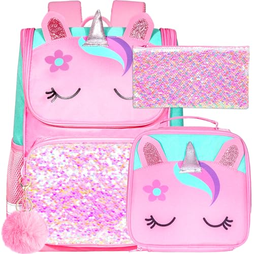 KLFVB 3PCS Girls Backpack, 15" Sequin Unicorn Bookbag with Lunch Box, Kids Preschool School bag for Elementary Students - Pink - Image 1