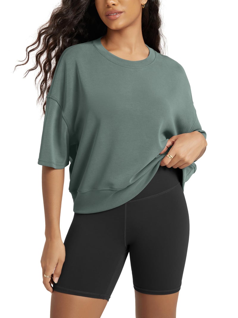 ODODOS Modal Soft Short Sleeve T-Shirts for Women Oversized Crew Neck Tee Relaxed Pullover Tops, Slate Green, Medium - Image 1