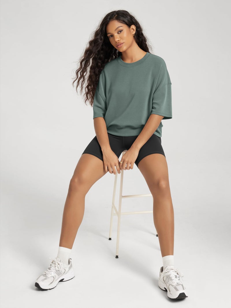 ODODOS Modal Soft Short Sleeve T-Shirts for Women Oversized Crew Neck Tee Relaxed Pullover Tops, Slate Green, Medium - Image 2