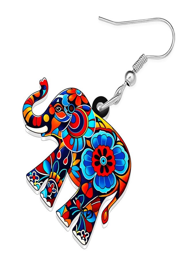 BONSNY Colorful Acrylic Elephant Dangle Earrings Bohemian Tribal Floral Design Boho Jewelry Gifts for Women Funny Novelty Hypoallergenic Spring Summer Gifts Accessories (Colorful) - Image 4