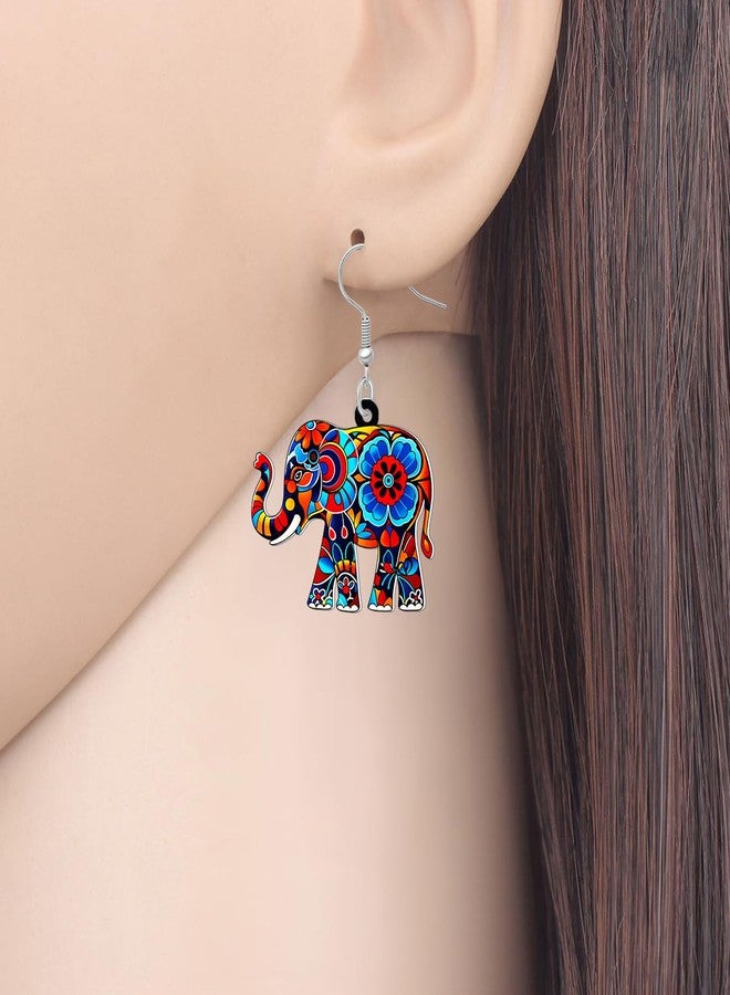 BONSNY Colorful Acrylic Elephant Dangle Earrings Bohemian Tribal Floral Design Boho Jewelry Gifts for Women Funny Novelty Hypoallergenic Spring Summer Gifts Accessories (Colorful) - Image 2