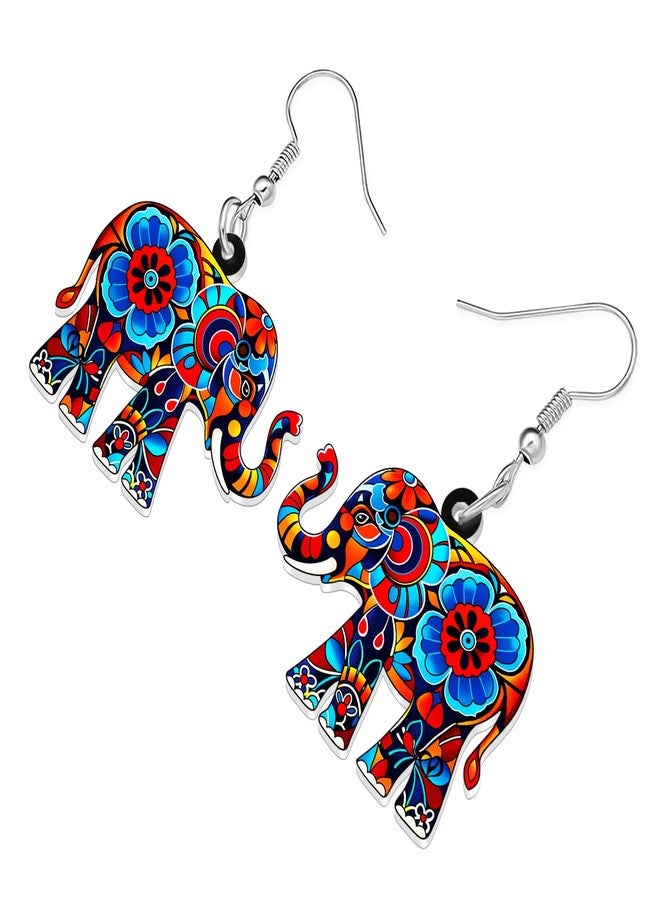 BONSNY Colorful Acrylic Elephant Dangle Earrings Bohemian Tribal Floral Design Boho Jewelry Gifts for Women Funny Novelty Hypoallergenic Spring Summer Gifts Accessories (Colorful) - Image 3