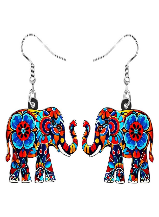 BONSNY Colorful Acrylic Elephant Dangle Earrings Bohemian Tribal Floral Design Boho Jewelry Gifts for Women Funny Novelty Hypoallergenic Spring Summer Gifts Accessories (Colorful) - Image 1