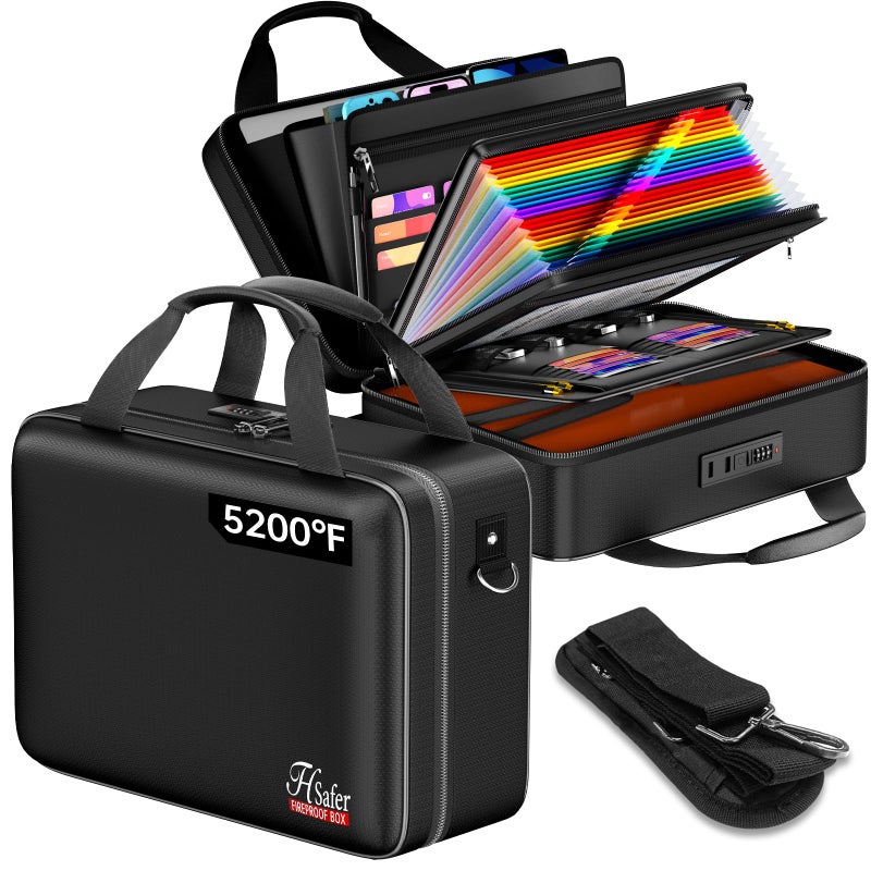 JHSafer 5200â„‰ Fireproof Document Box with lock, Hard-Shell Case File Organizer with 24 Pocket Accordion File Folder, Portable Safe Box with Shoulder Strap for Home Important Documents Laptop Black - Image 1