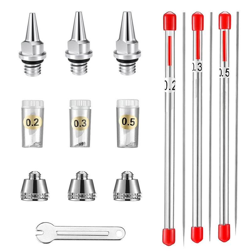 HUBEST 10PCS Airbrush Replacement Parts Kit (0.2mm/0.3mm/0.5mm) â€“ Nozzles, Needles & Caps Maintenance Set with Wrench â€“ Compatible with Standard Dual-Action Gravity Feed Airbrush Guns - Image 1