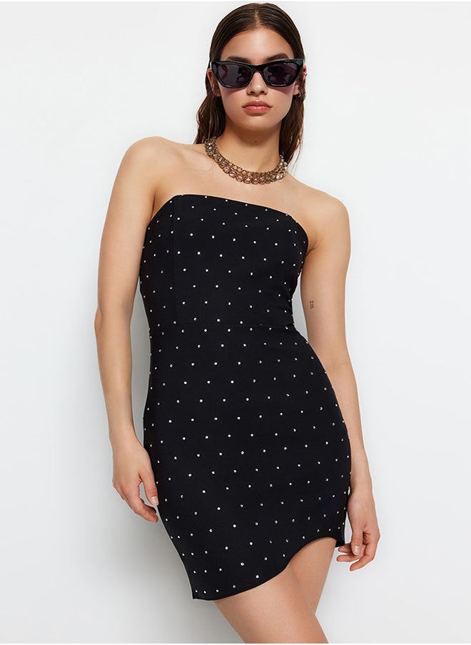 trendyol - Black Stone Printed Strapless Woven Short Elegant Evening Dress TPRSS23EL00577 - Image 1