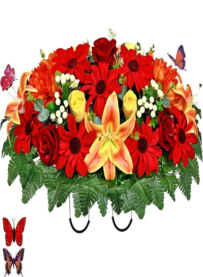 HENOMO Handmade Headstone Flower Saddle - Artificial Cemetery Flowers for Grave Decoration-Funeral/Memorial/Graveside Flowers of Rose Sunflower Lily Berry,Non-Bleed Color - Image 1