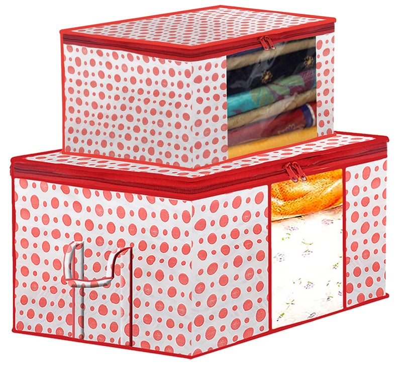 Kuber Industries Dot Printed Multiuses NonWoven Saree Cover Underbed Storage BagOrganizer Set With Tranasparent Window Set of 2 Pink46KM0609 - Image 1