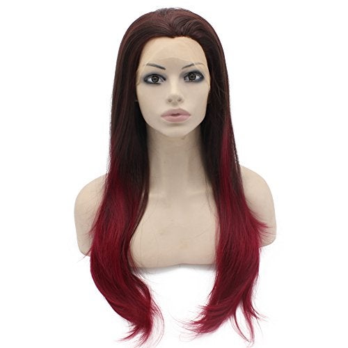 Mxangel Long Straight Half Hand Tied Brown Burgundy Red Ombre Synthetic Lace Front Wig Natural