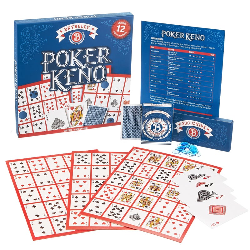 Brybelly Poker Keno Game Set with Cards and Chips - Adult Family Casino Board Game Night Gift Includes Deck of Playing Cards, 12 Boards, 200 Bingo Chips - Image 1