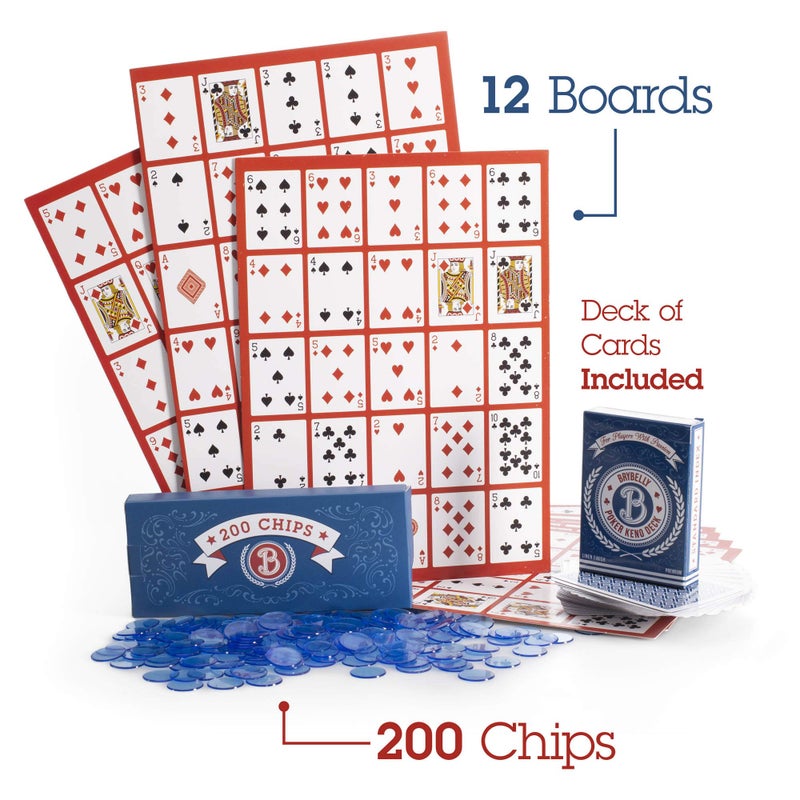 Brybelly Poker Keno Game Set with Cards and Chips - Adult Family Casino Board Game Night Gift Includes Deck of Playing Cards, 12 Boards, 200 Bingo Chips - Image 5