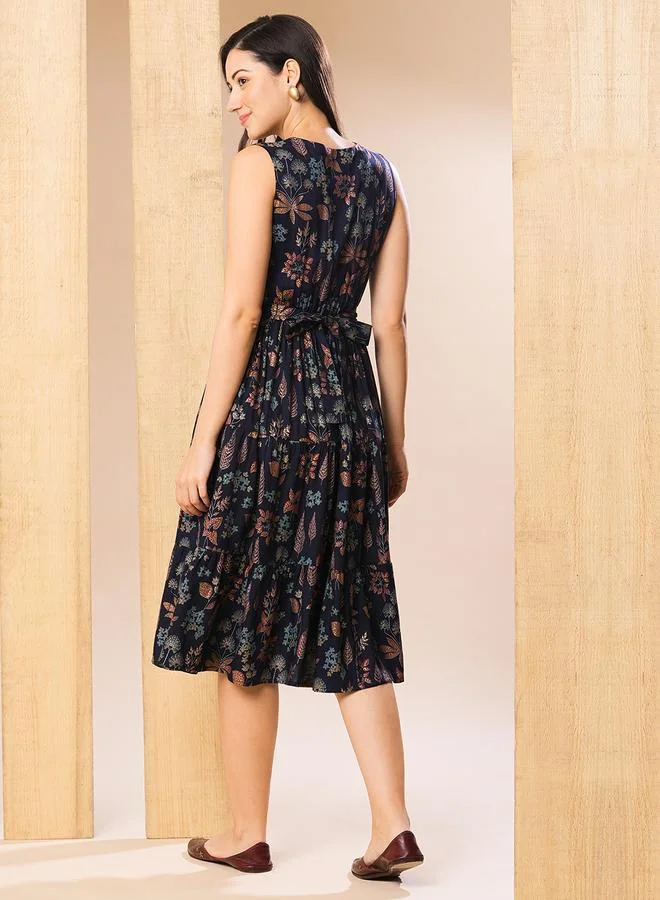 globus  Globus Women Blue Ethnic Motif Printed Sleeveless Tiered Midi Dress for Women | Best Price UAE