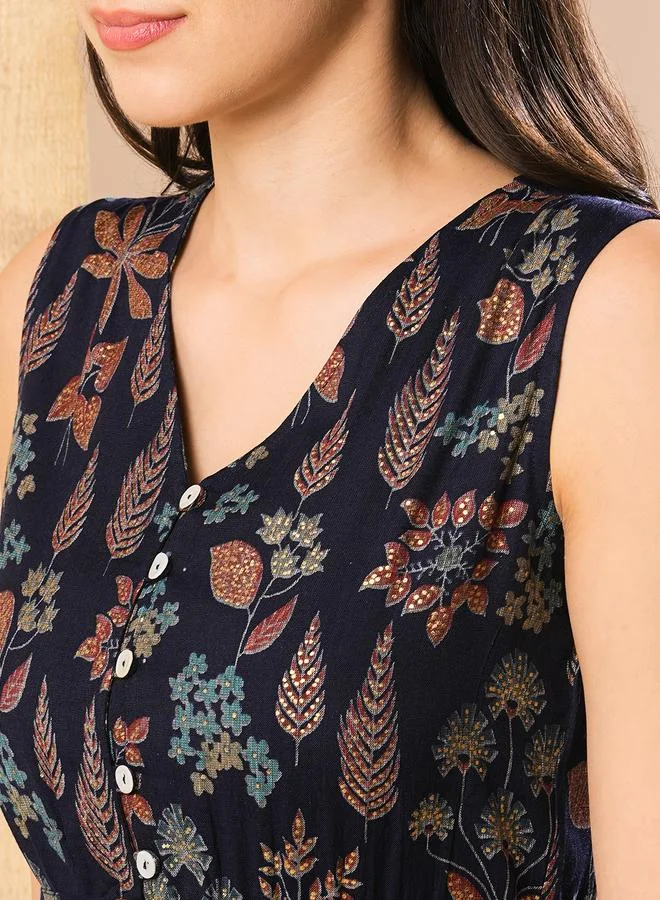 globus  Globus Women Blue Ethnic Motif Printed Sleeveless Tiered Midi Dress for Women | Best Price UAE