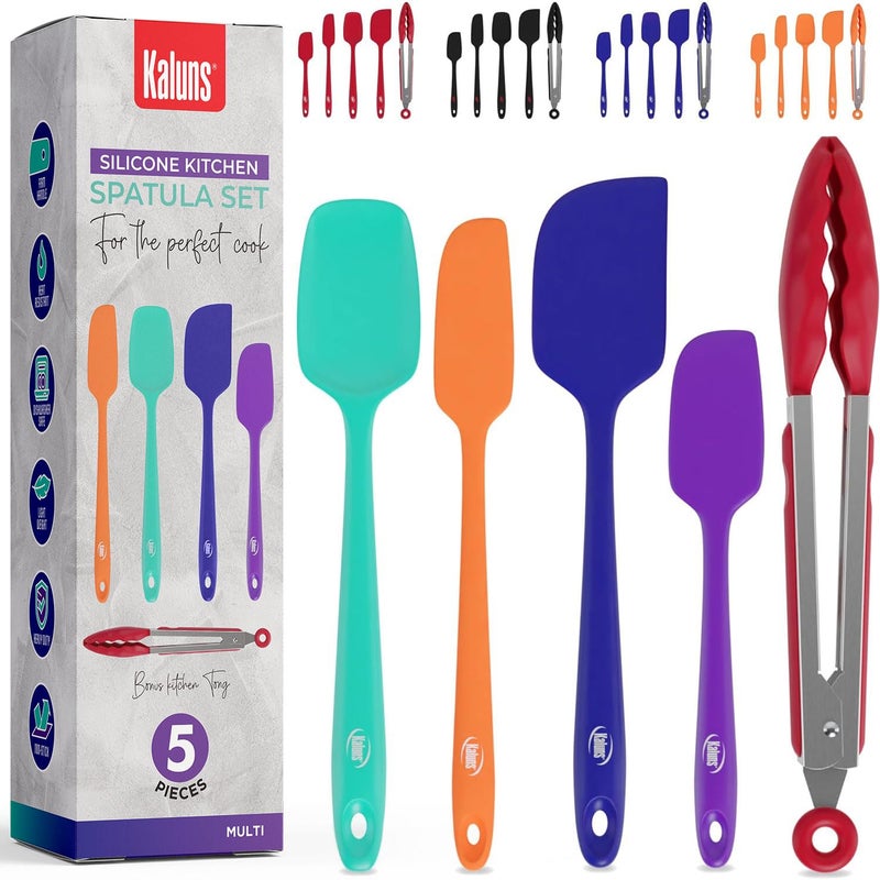 Kaluns Silicone Spatula Set 4 Rubber Spatulas 600F Heat Resistant Nonstick Seamless Design with Stainless Steel Core Dishwasher Safe BPA free Bonus Tongs Included
