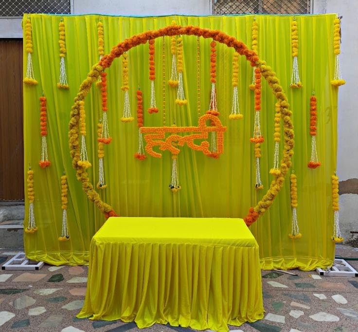 Sellplus Haldi & Mehndi Backdrop Items for Wedding Decoration | Haldi/Wedding/Mehndi Decoration | Haldi & Mehndi Decor With Yellow & Orange Genda Guccha , String Yellow & Orange Genda - 40Pcs (Combo) - Image 1