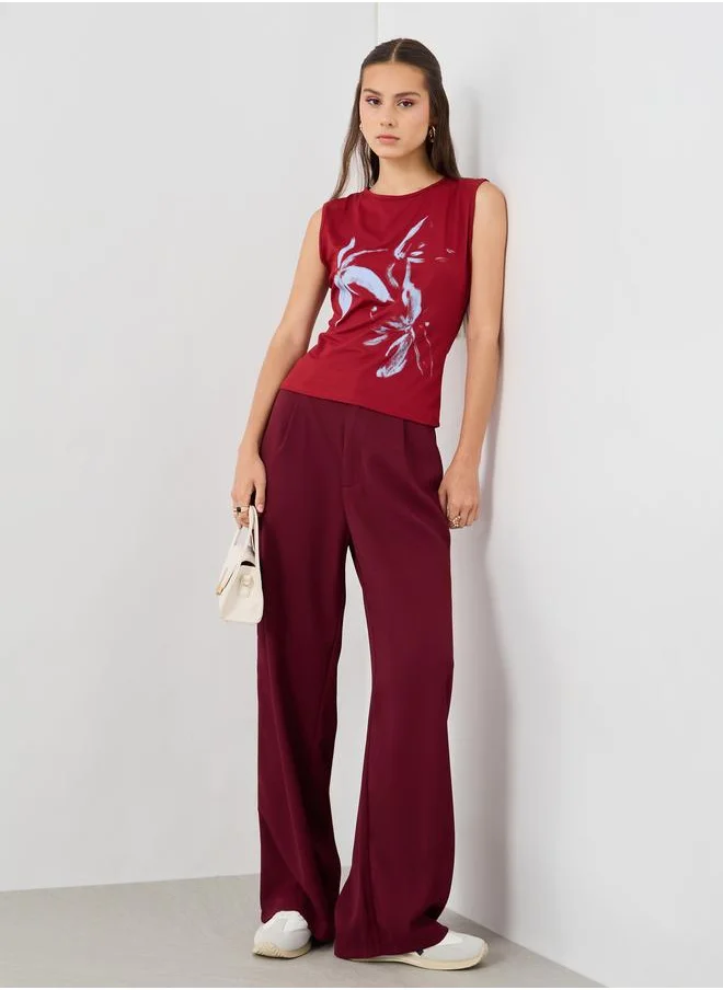 تايك تو Take Two Women Burgundy Solid Wide Leg Pants with Belt Loops