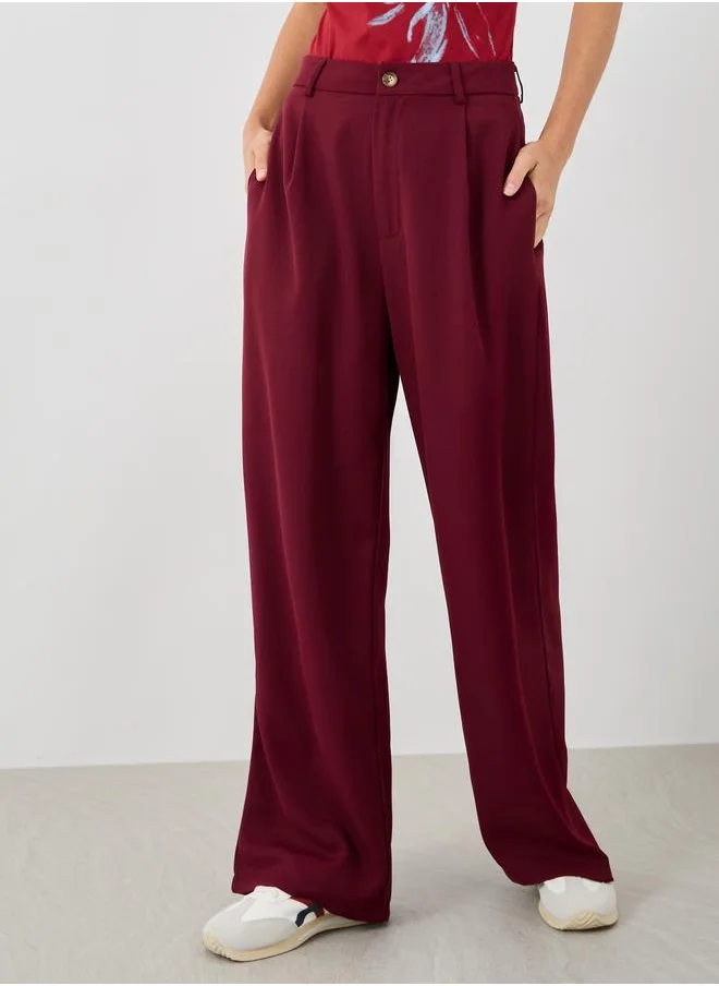 تايك تو Take Two Women Burgundy Solid Wide Leg Pants with Belt Loops