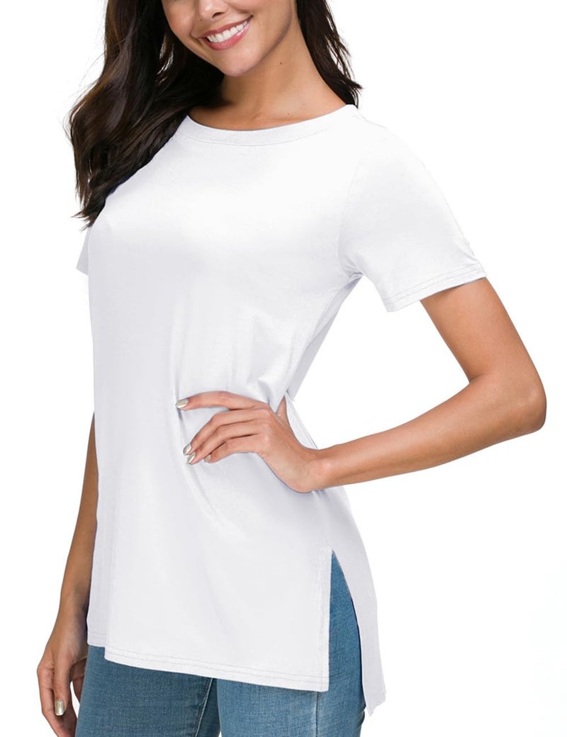 Herou Lightweight Summer Split Side Tops for Women White T-Shirt Crewneck Short Sleeve High Low Hem Tees White Large - Image 1