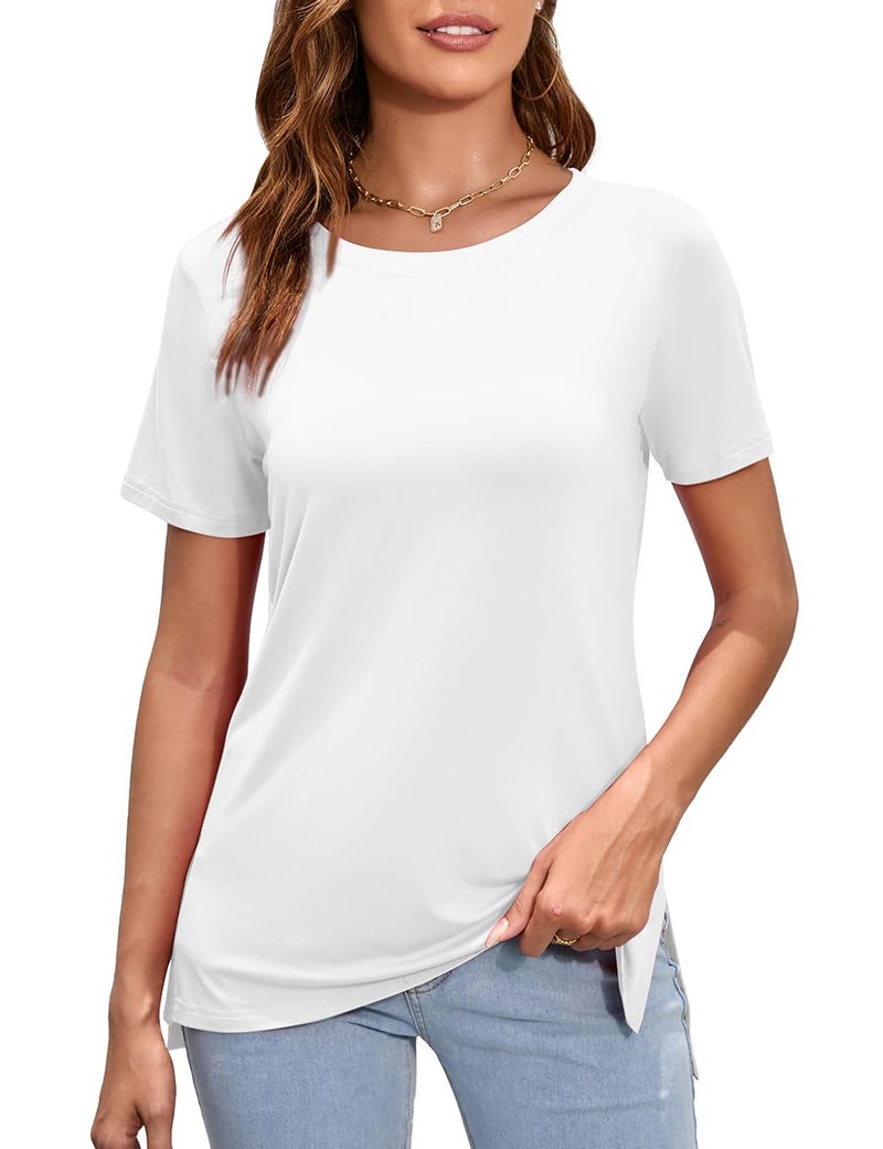 Herou Lightweight Summer Split Side Tops for Women White T-Shirt Crewneck Short Sleeve High Low Hem Tees White Large - Image 2