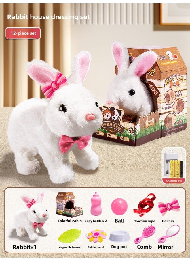 Children's Electric Simulation Bunny Plush Toy Girl Pet White Rabbit Doll Girl Birthday Gift-Color:White Rabbit Feeding Dress Up Suit [house] Charging  - Image 1