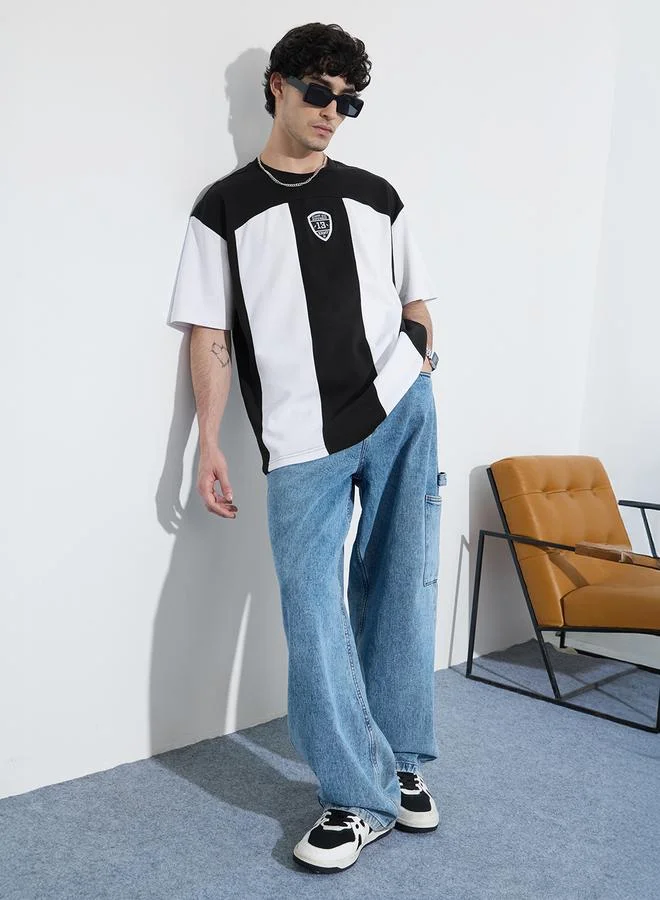 The Souled Store Men Black Color Block Oversized T-Shirt