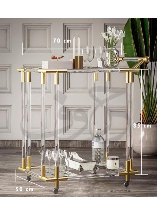 Horoof Market Luxury Gold & Acrylic 2-Tier Serving Trolley – Modern Display Cart with Gold Iron Frame and Plexi Pipes 