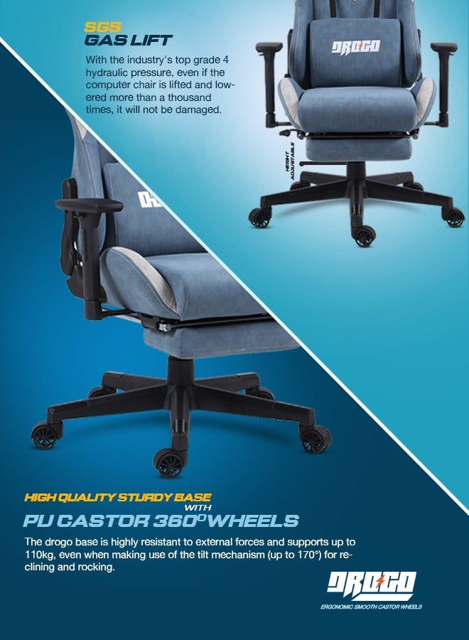 DROGO Ergonomic Gaming Chair with Adjustable Seat, 3D Armrest, Fabric Material, Computer Chair with Head & Massager Lumbar Pillow Video Games Chair Home Office Chair with Recline Back Footrest Blue - Image 2