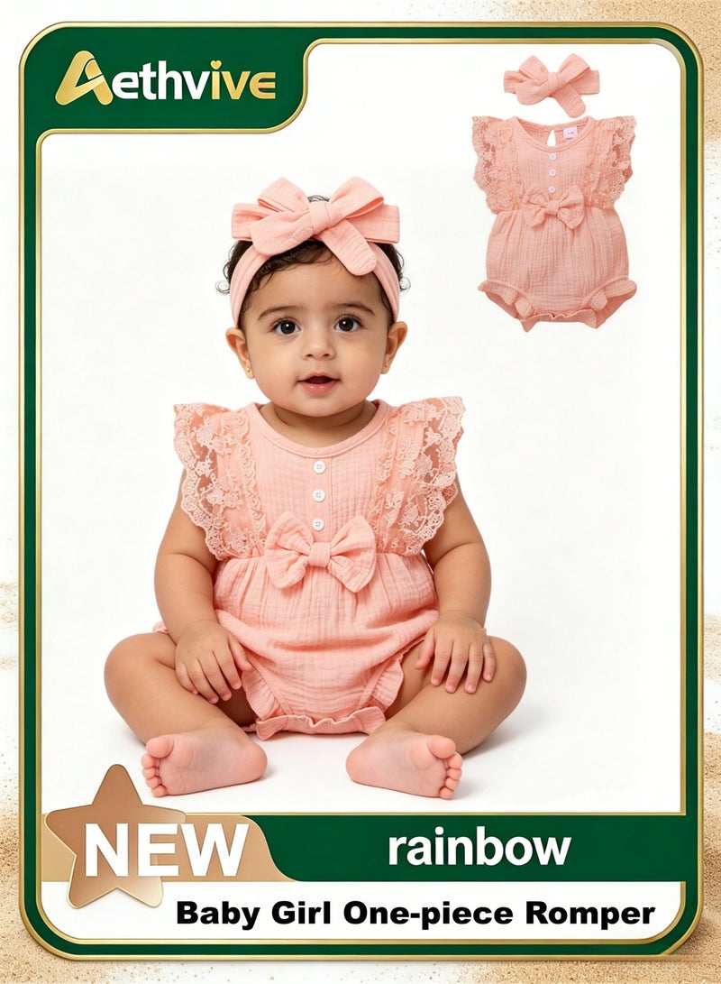 Aethvive Baby Girl Bodysuit with Bow Headband, One-piece Romper Jumpsuit, Breathable Cotton Infant Clothes, Newborn Outfit One-month Anniversary of A Birth Sweet Princess Summer Dress - Image 1