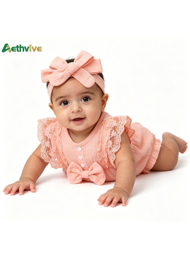 Aethvive Baby Girl Bodysuit with Bow Headband, One-piece Romper Jumpsuit, Breathable Cotton Infant Clothes, Newborn Outfit One-month Anniversary of A Birth Sweet Princess Summer Dress - Image 2