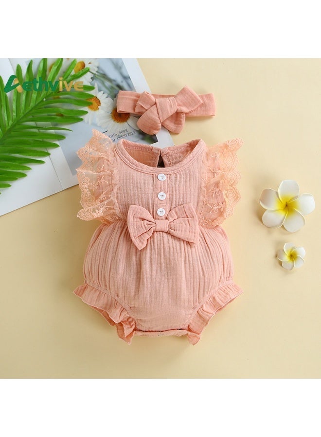 Aethvive Baby Girl Bodysuit with Bow Headband, One-piece Romper Jumpsuit, Breathable Cotton Infant Clothes, Newborn Outfit One-month Anniversary of A Birth Sweet Princess Summer Dress - Image 4