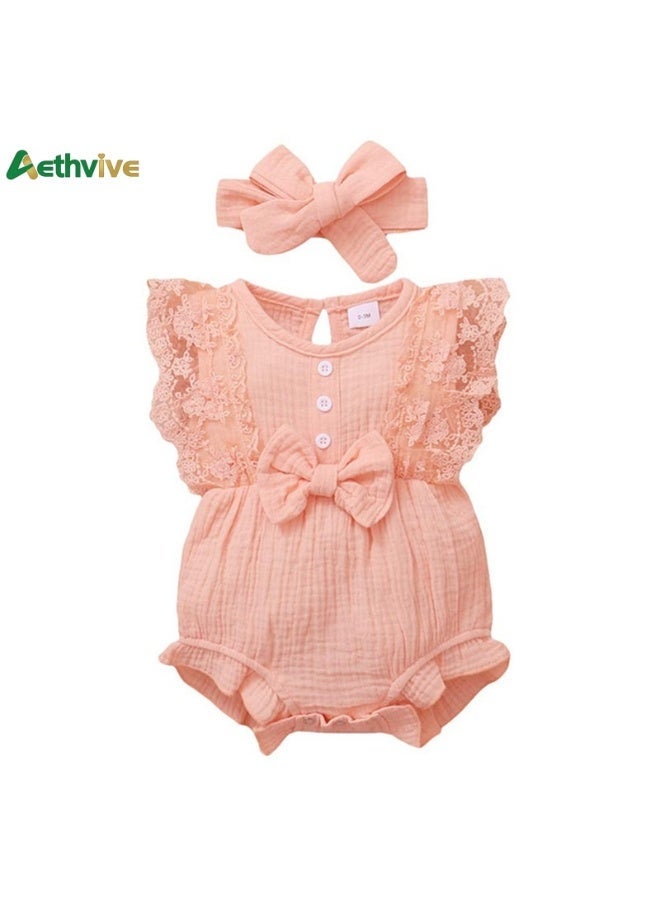 Aethvive Baby Girl Bodysuit with Bow Headband, One-piece Romper Jumpsuit, Breathable Cotton Infant Clothes, Newborn Outfit One-month Anniversary of A Birth Sweet Princess Summer Dress - Image 3