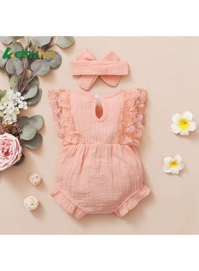 Aethvive Baby Girl Bodysuit with Bow Headband, One-piece Romper Jumpsuit, Breathable Cotton Infant Clothes, Newborn Outfit One-month Anniversary of A Birth Sweet Princess Summer Dress - Image 5