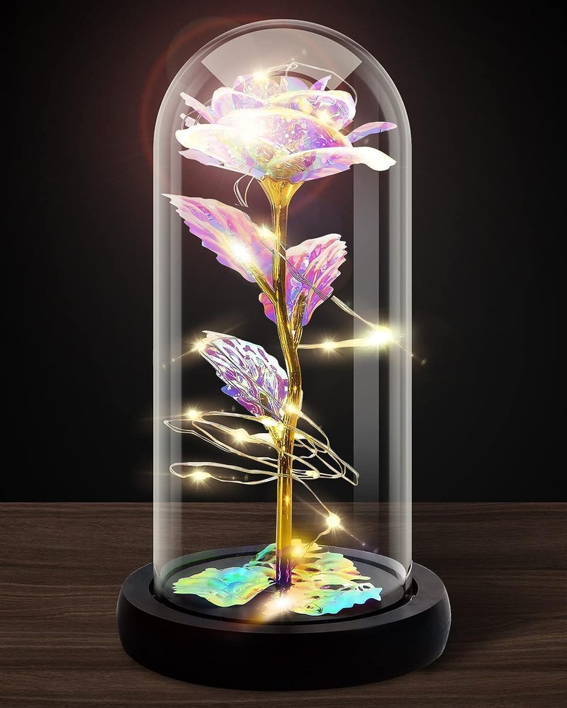 ZINLEY Rose Flower Gifts for WomenBirthday Gifts for Women Colorful Rainbow Artificial Flower Rose Light Up Rose in A Glass DomeWomen GiftsValentinesAnniversaryWedding Gifts - Image 1
