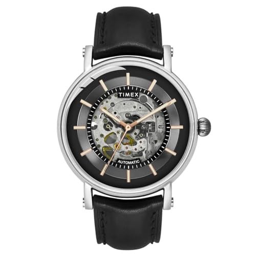 TIMEX Automatic Analog Watch for Man with Black Round Dial & Black Leather Strap Band Water Resistant Men's Wrist Watches - TWEG16716 - Image 1
