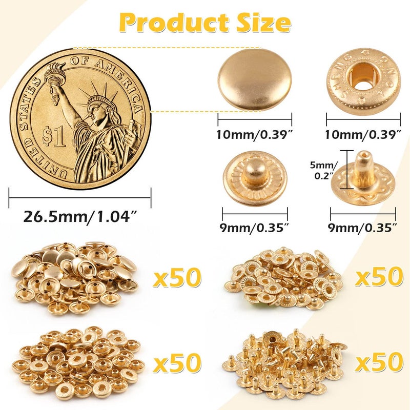 PECMER 50 Sets Snap Fasteners Kit 10mm Metal Snap Buttons Kit Leather Fasteners for Craft Sewing Clothes Leather Bracelets Belt Jackets Bags -200 Pcs Pale Gold - Image 2