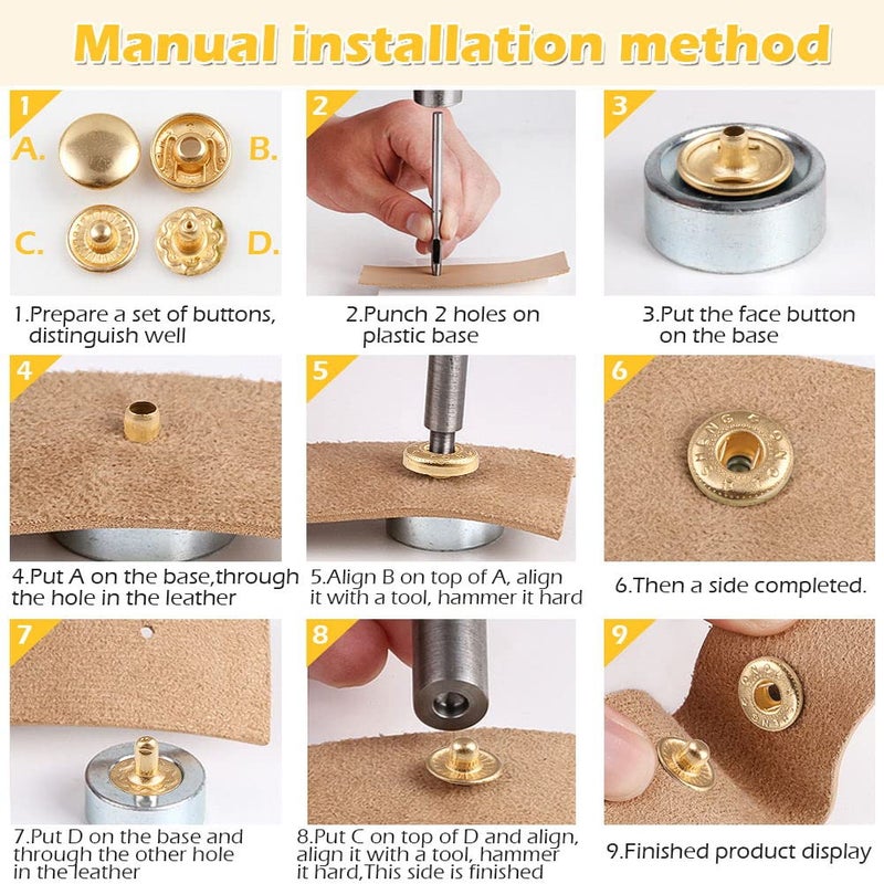 PECMER 50 Sets Snap Fasteners Kit 10mm Metal Snap Buttons Kit Leather Fasteners for Craft Sewing Clothes Leather Bracelets Belt Jackets Bags -200 Pcs Pale Gold - Image 4