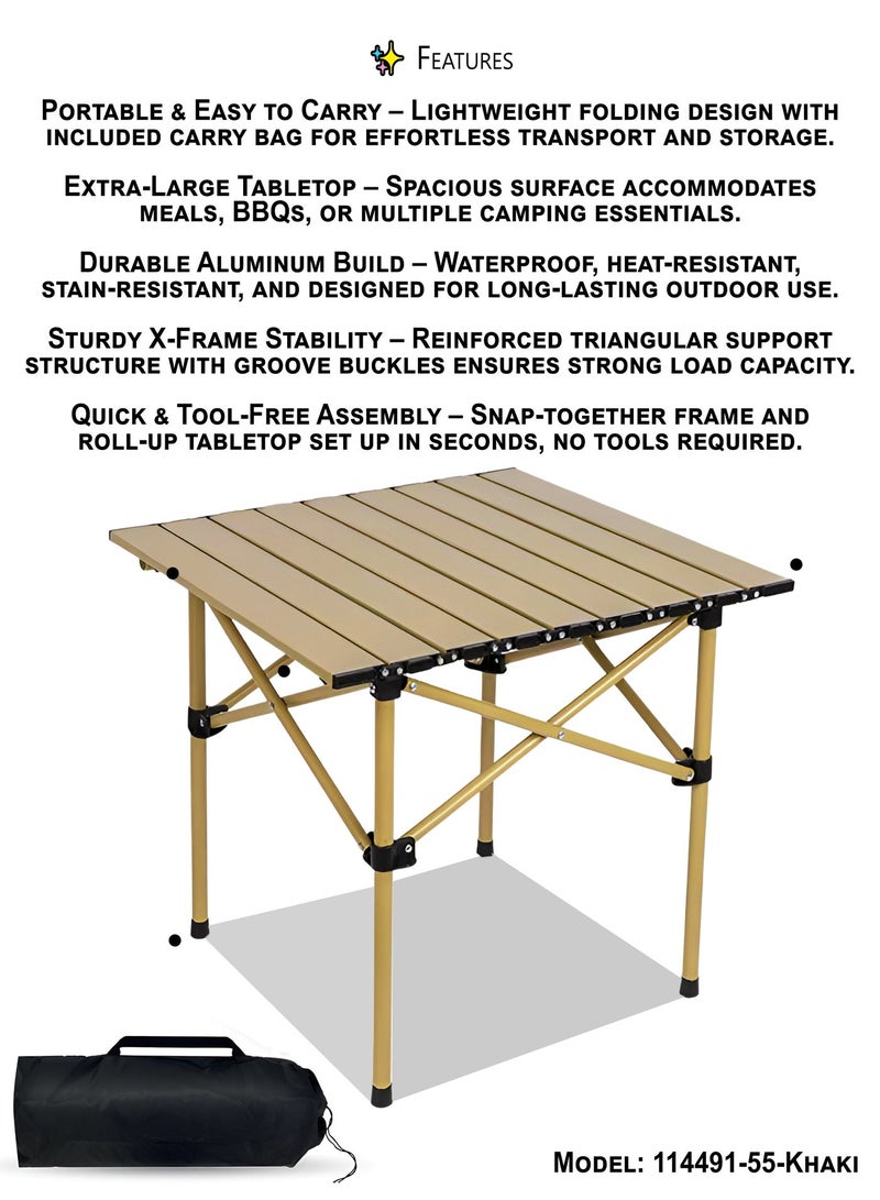 DBLEW Outdoor Camping Folding Table 55×55×50 cm – Aluminum Alloy Waterproof, Heat & Stain Resistant Roll-Up Tabletop with Metallic Finish, X-Frame Reinforcement, Quick Assembly, Carry Bag Included – Portable Picnic, BBQ, Hiking, Fishing & Indoor Desk Use - Image 3
