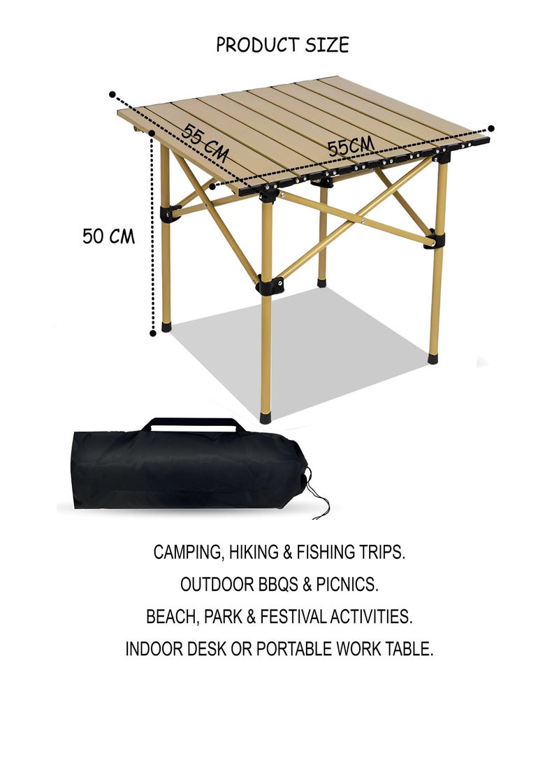 DBLEW Outdoor Camping Folding Table 55×55×50 cm – Aluminum Alloy Waterproof, Heat & Stain Resistant Roll-Up Tabletop with Metallic Finish, X-Frame Reinforcement, Quick Assembly, Carry Bag Included – Portable Picnic, BBQ, Hiking, Fishing & Indoor Desk Use - Image 4