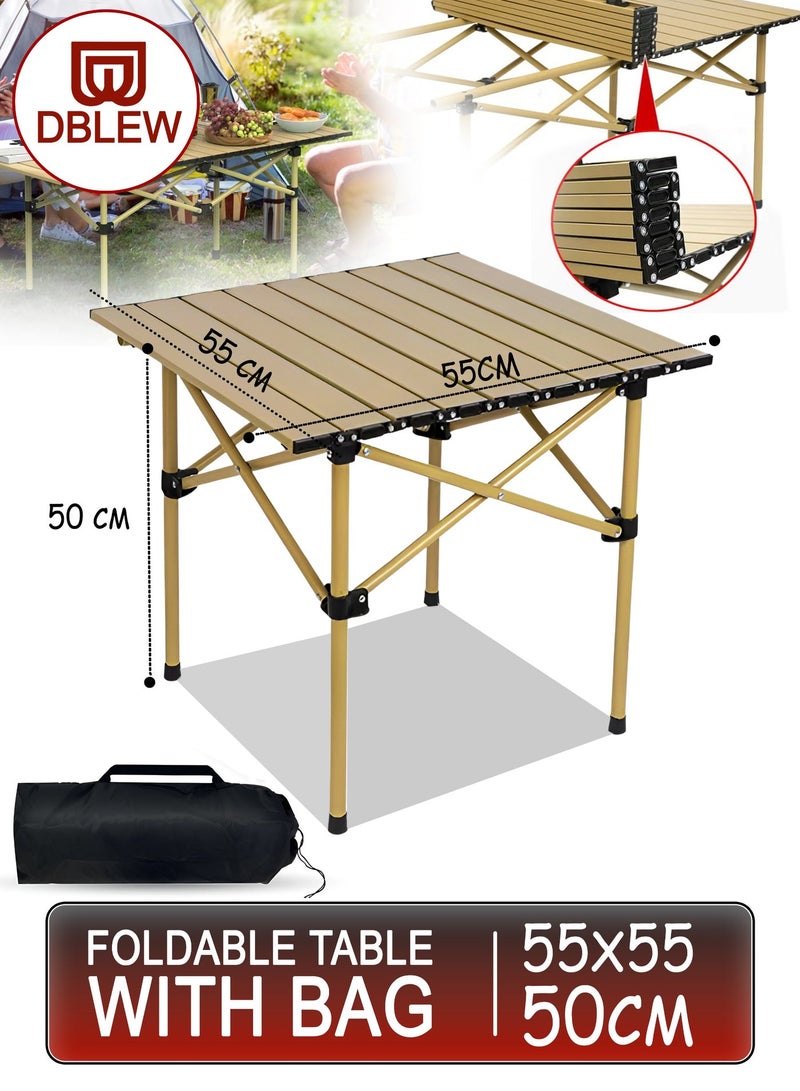 DBLEW Outdoor Camping Folding Table 55×55×50 cm – Aluminum Alloy Waterproof, Heat & Stain Resistant Roll-Up Tabletop with Metallic Finish, X-Frame Reinforcement, Quick Assembly, Carry Bag Included – Portable Picnic, BBQ, Hiking, Fishing & Indoor Desk Use - Image 2