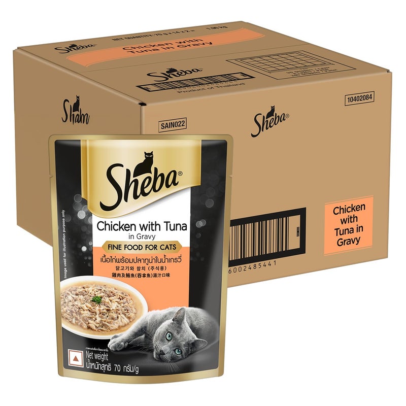 Sheba Fine Premium Adult (1+ Years) Wet Cat Food, Chicken with Tuna in Gravy, 70 g Pouch (Pack of 28), High-moisture gravy cat food for healthy hydration - Image 1