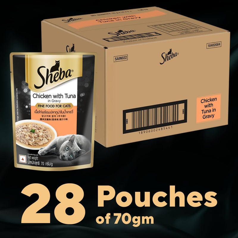 Sheba Fine Premium Adult (1+ Years) Wet Cat Food, Chicken with Tuna in Gravy, 70 g Pouch (Pack of 28), High-moisture gravy cat food for healthy hydration - Image 2