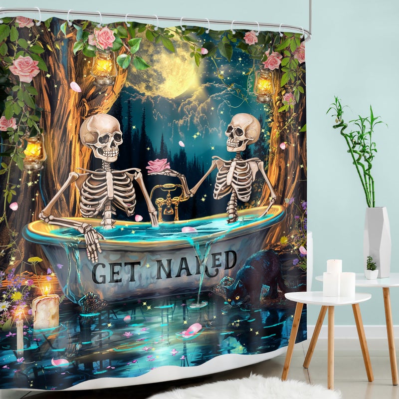 Mitpok Gothic Skull Skeleton Shower Curtain 72Wx72H Funny Spooky Witchy Halloween Moon Night Retro Floral Tree Bathroom Decor Mystical Bone in Bathtub Bath Curtain Fabric Polyester 12 Pack Hooks - Image 2