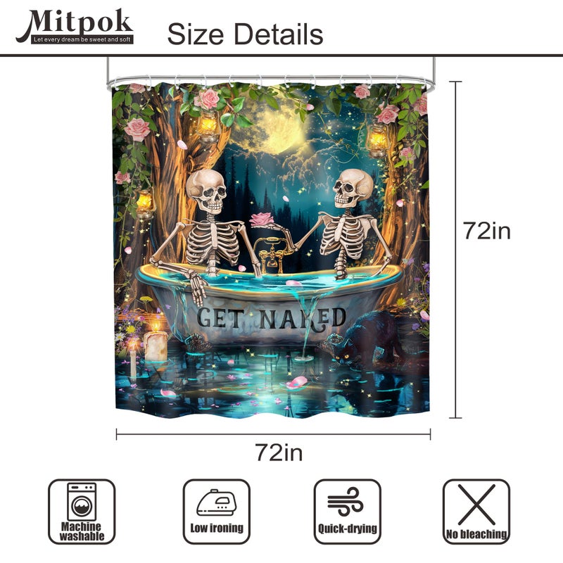Mitpok Gothic Skull Skeleton Shower Curtain 72Wx72H Funny Spooky Witchy Halloween Moon Night Retro Floral Tree Bathroom Decor Mystical Bone in Bathtub Bath Curtain Fabric Polyester 12 Pack Hooks - Image 4
