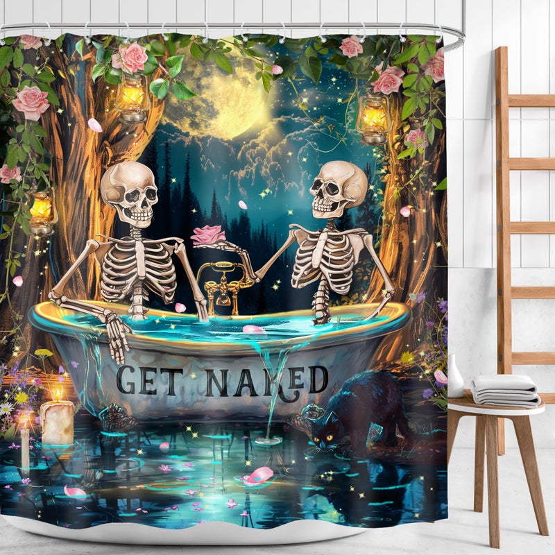 Mitpok Gothic Skull Skeleton Shower Curtain 72Wx72H Funny Spooky Witchy Halloween Moon Night Retro Floral Tree Bathroom Decor Mystical Bone in Bathtub Bath Curtain Fabric Polyester 12 Pack Hooks - Image 1