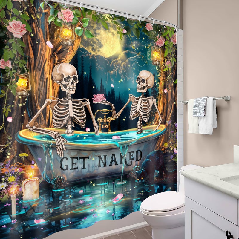 Mitpok Gothic Skull Skeleton Shower Curtain 72Wx72H Funny Spooky Witchy Halloween Moon Night Retro Floral Tree Bathroom Decor Mystical Bone in Bathtub Bath Curtain Fabric Polyester 12 Pack Hooks - Image 3