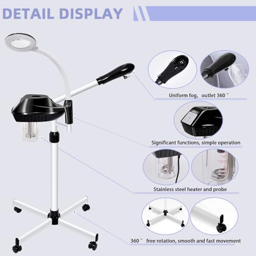 Takeashine Professional Facial Steamer, 2 in 1 Face Steamer on Wheels with 5X Magnifying Lamp for Deep Cleansing and Hydration, with Time Setting for Spa, Salon and Home Use - Image 2