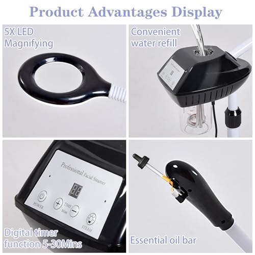 Takeashine Professional Facial Steamer, 2 in 1 Face Steamer on Wheels with 5X Magnifying Lamp for Deep Cleansing and Hydration, with Time Setting for Spa, Salon and Home Use - Image 5