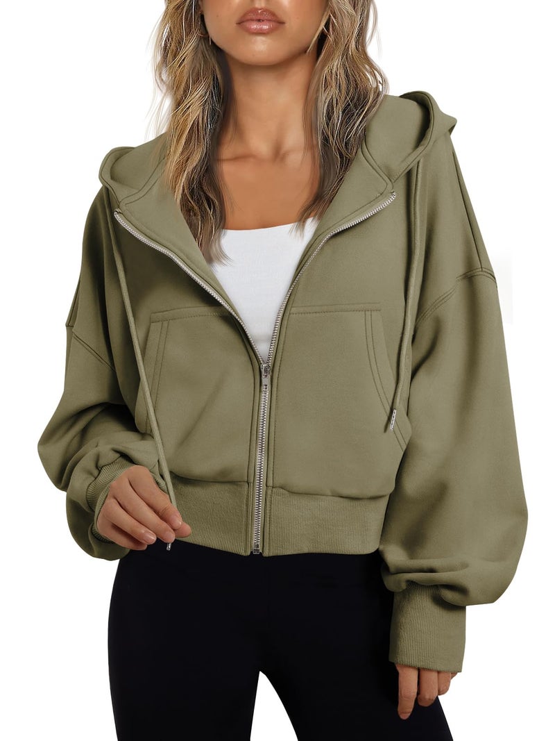 Trendy Queen Hoodies for Women Full Zip Up Cropped Sweatshirts Jackets Casual Comfy Gym Tops Fall Outfits Winter Clothes 2026 Cute Y2k Fleece Sweaters Teen Girls Pullover ArmyGreen XL - Image 1