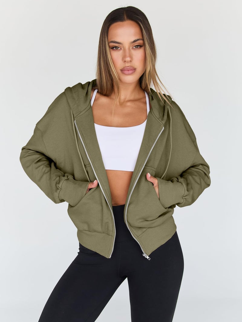 Trendy Queen Hoodies for Women Full Zip Up Cropped Sweatshirts Jackets Casual Comfy Gym Tops Fall Outfits Winter Clothes 2026 Cute Y2k Fleece Sweaters Teen Girls Pullover ArmyGreen XL - Image 2