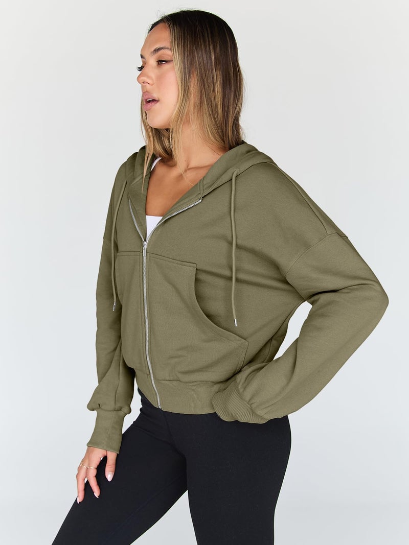 Trendy Queen Hoodies for Women Full Zip Up Cropped Sweatshirts Jackets Casual Comfy Gym Tops Fall Outfits Winter Clothes 2026 Cute Y2k Fleece Sweaters Teen Girls Pullover ArmyGreen XL - Image 4